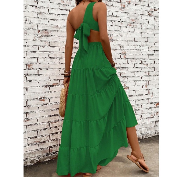 Vibrant One Shoulder Tie Back Stretchy Waist Maxi Dress - Picture 3 of 11
